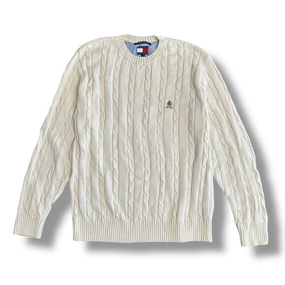 Tommy Hilfiger Vintage White Cable Knit Sweater Men’s Medium Crest Logo Pullover - Picture 1 of 8